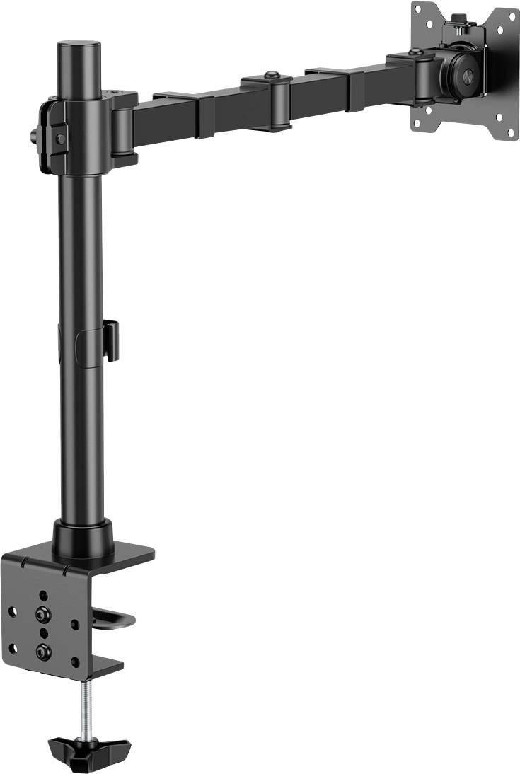 Monitorhalterung mit verstellbarem Arm und Klemmfuß zum Befestigen an Schreibtischkanten. Geeignet für ergonomische Monitorpositionierung.