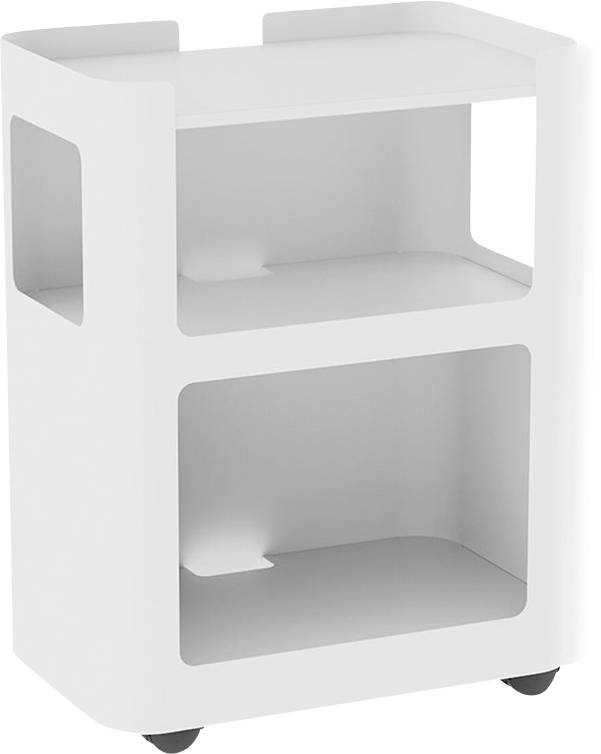 Ein weißes, dreistöckiges Regal mit modernem Design und abgerundeten Ecken, das zwei offene Fächer mit jeweils einer Rückwand auf kleinen Rollen aufweist.