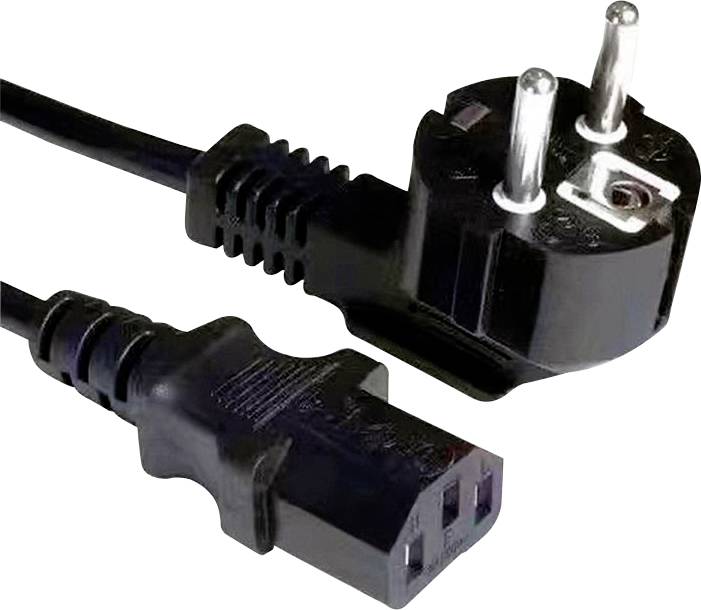 Ein europäischer Stecker mit zwei runden Stiften, der an ein schwarzes Stromkabel angeschlossen ist, neben einer passenden Steckdose mit drei rechteckigen Löchern.