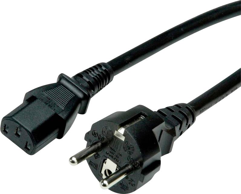 Schwarzes Stromkabel mit europäischem Stecker und IEC-C13-Stecker, verwendet zum Anschluss von Elektrogeräten an eine Stromquelle.