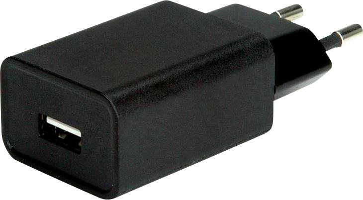 Ein schwarzes USB-Wandladegerät mit zwei runden Stiften und rechteckigem Gehäuse, das üblicherweise zum Aufladen elektronischer Geräte verwendet wird.