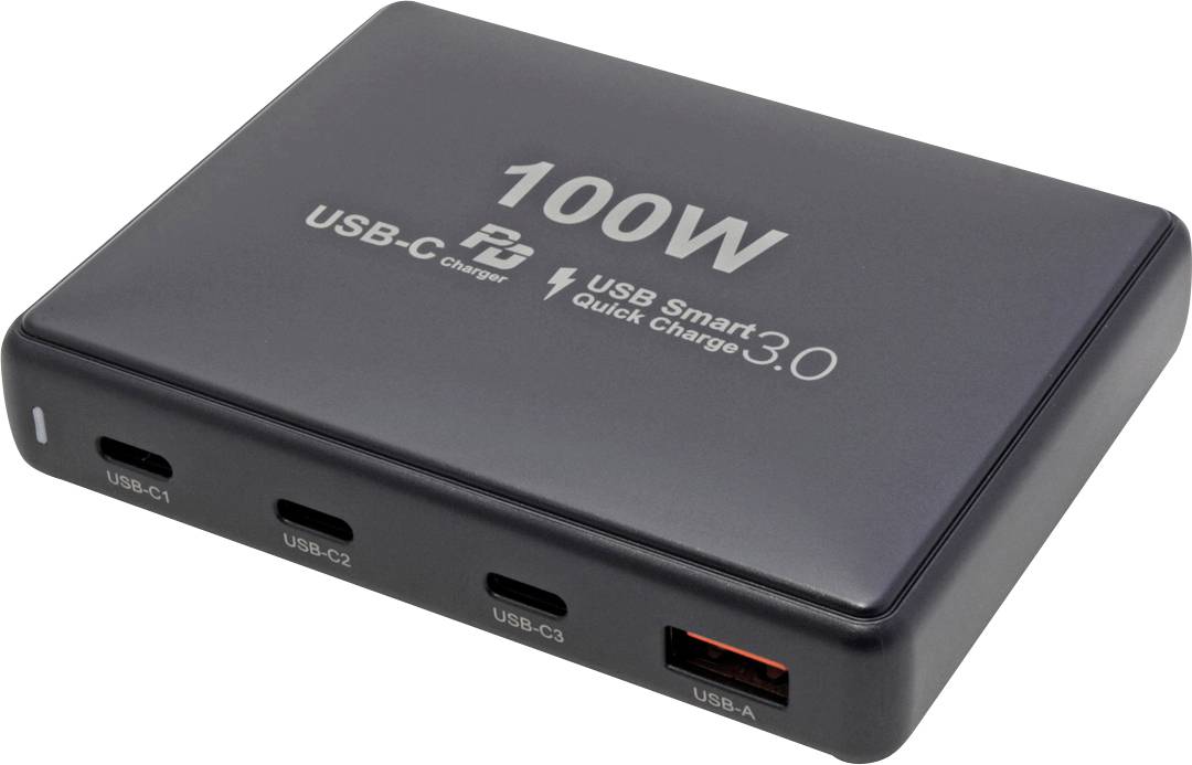 Ein schwarzes 100W USB-Ladegerät mit vier Anschlüssen: drei USB-C mit den Bezeichnungen „USB-C1