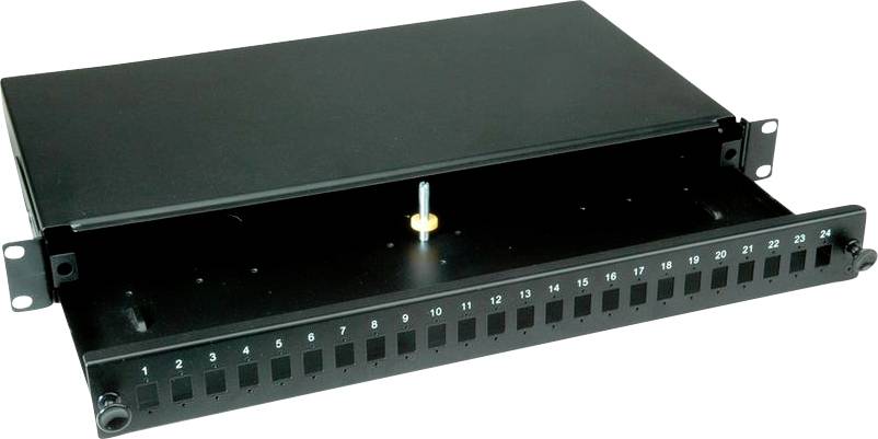 Glasfaser-Patchpanel mit 24 Anschlüssen, offenes Schiebeblech, schwarze Metallkonstruktion für Netzwerkkabelmanagement und -organisation.