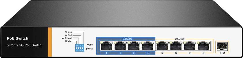 PoE-Switch mit 8 Ports und 2,5G-Fähigkeit, gekennzeichnet für AI Grid, AI APWiFi, AI Extend, AI VLAN. Enthält 1 zusätzlichen 10G-Port (X6I).