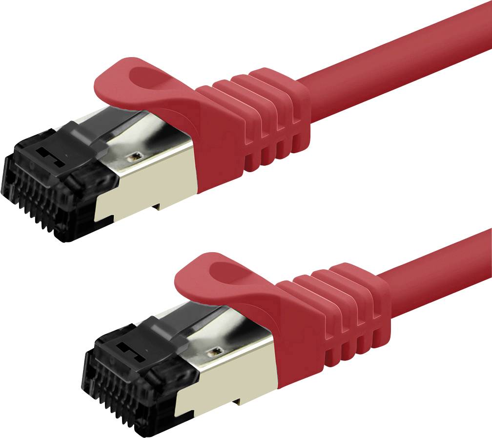 Zwei rote Ethernet-Kabel mit schwarzen Steckern, die abgewinkelte Ansichten der Enden zeigen, isoliert auf weißem Hintergrund.