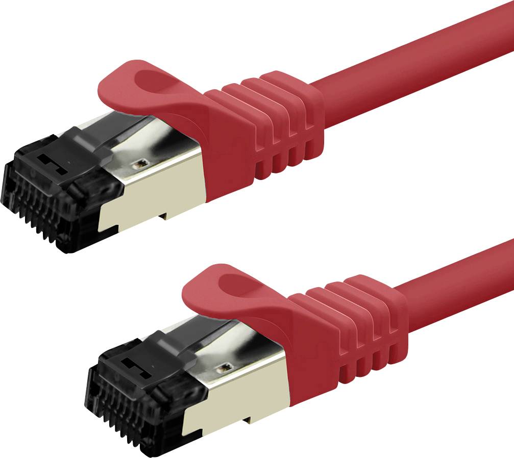 „Zwei rote Ethernet-Kabel mit schwarzen Steckern, konzipiert für Netzwerkverbindungen und Datentransfer.