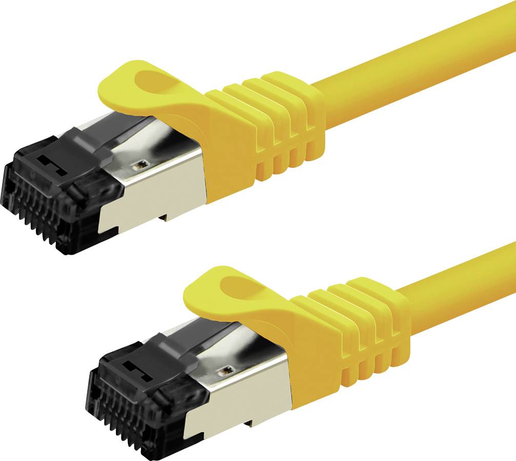 Zwei gelbe Ethernet-Kabel mit schwarzen und silbernen Steckern, nebeneinander, auf einem einfachen Hintergrund.