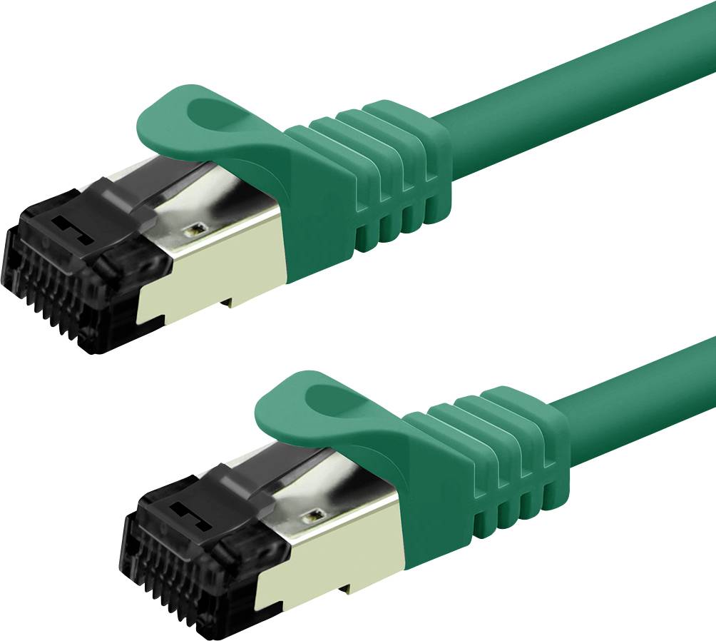 Zwei grüne Ethernet-Kabel mit RJ45-Steckverbindern, nebeneinander angeordnet, verwendet für Netzwerk- und Internetkonnektivität.