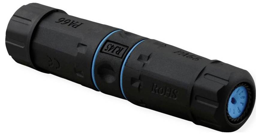 Ein schwarzer wasserdichter Elektrostecker mit blauen Dichtungsringen, gekennzeichnet mit RoHS und IP68, geeignet für raue Umgebungen.