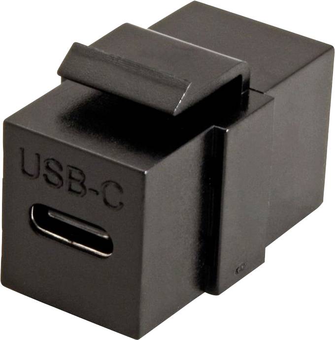 Ein schwarzes rechteckiges USB-C-Keystone-Modul mit einem Anschluss, das zum Verbinden von USB-C-Geräten in Wandplatten oder Patchpanels verwendet wird.
