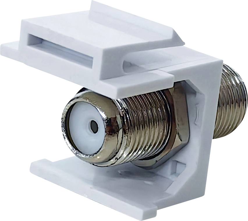 Ein weißer koaxialer Wandplattenverbinder mit einer metallischen F-Buchse, der zur Wandmontage entwickelt wurde, um TV-Kabel zu verbinden.