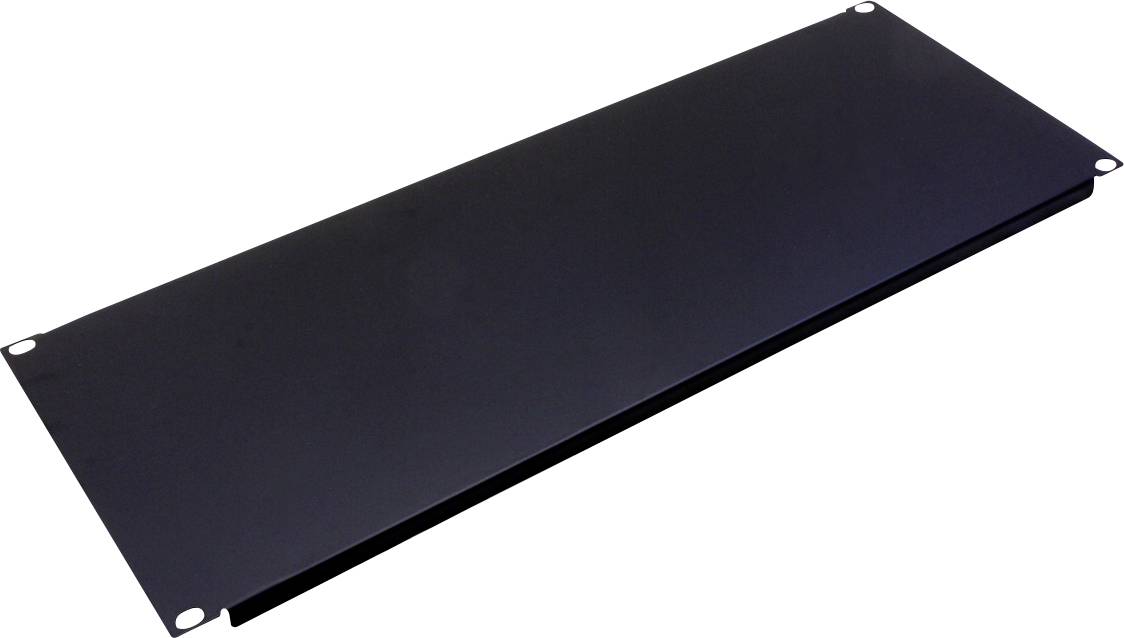 Ein schwarzes rechteckiges Metall-Rackblende-Abdeckpaneel mit vier Schraubenlöchern an den Ecken, das zum Füllen ungenutzter Steckplätze in elektronischen Gerätegestellen verwendet wird.