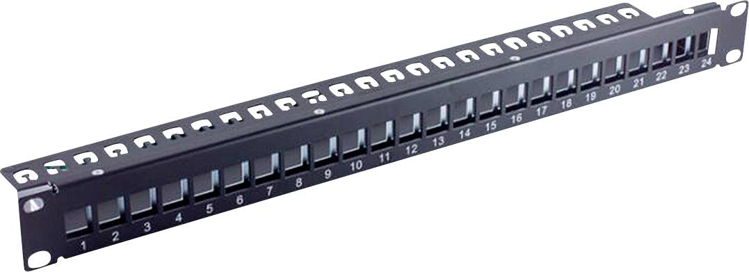 Ein schwarzes Netzwerk-Patchfeld mit 24 nummerierten Anschlüssen, das zur Organisierung von Ethernet-Verbindungen in einem Server- oder Netzwerk-Rack verwendet wird.