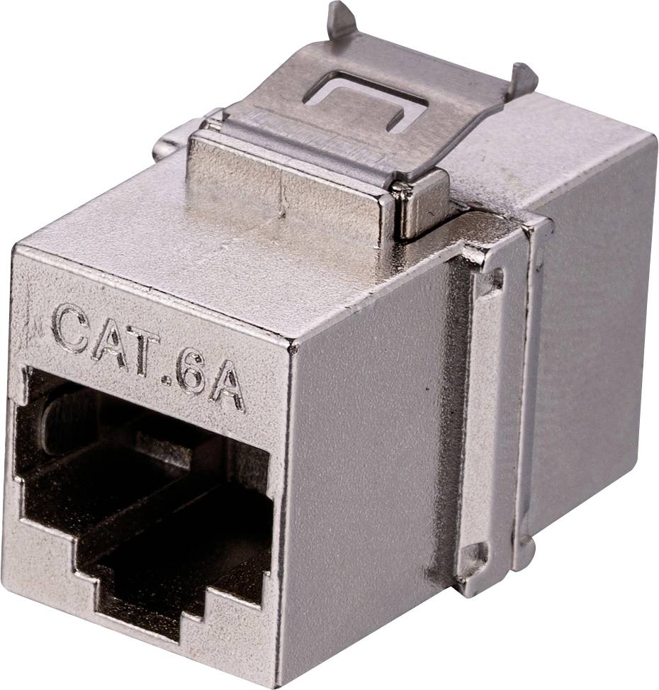 Ein Metallnetzwerkkabelstecker der Kategorie 6A, konzipiert für Hochgeschwindigkeits-Internetverbindungen, zeigt eine robuste Konstruktion mit einem Verriegelungsmechanismus.