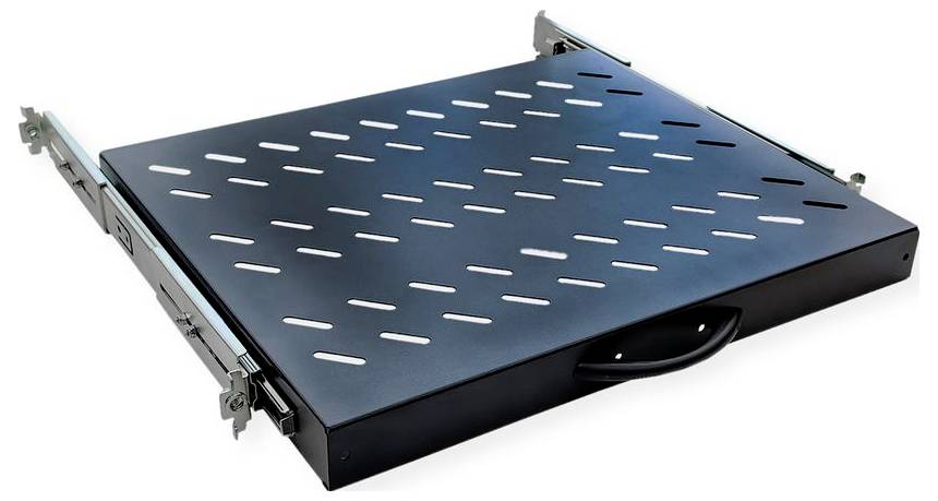 Belüftetes Schieberegal für Serverausrüstung, dargestellt in ausgefahrenem Zustand mit Seitenbefestigungen zur Montage in einem Serverrack, ausgestattet mit einem vorderen Griff.