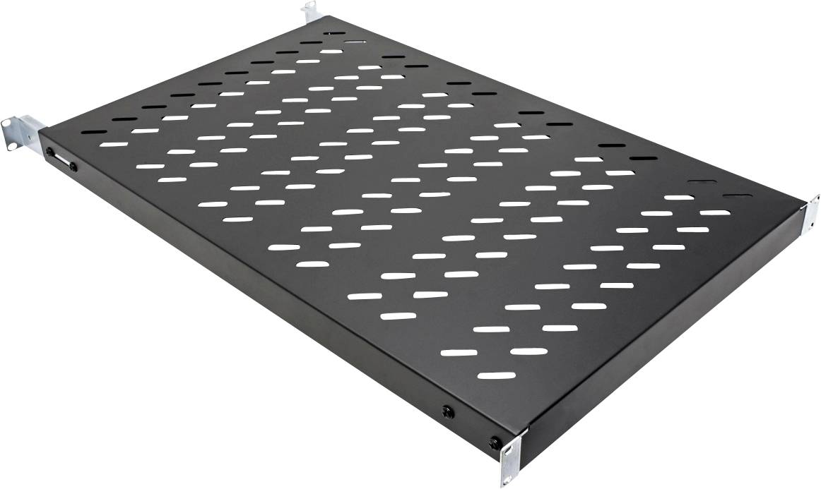Ein schwarzes belüftetes Server-Rack-Regal mit Perforationen für Luftzirkulation, montiert auf Metallhalterungen.