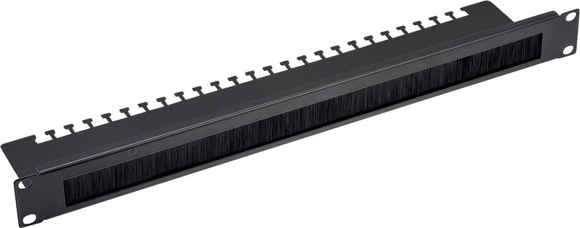 Ein schwarzes Kabelmanagement-Panel mit einer Bürstendichtung, entwickelt zum Organisieren und Schützen von Kabeln in einem Rack-Mount-Setup.