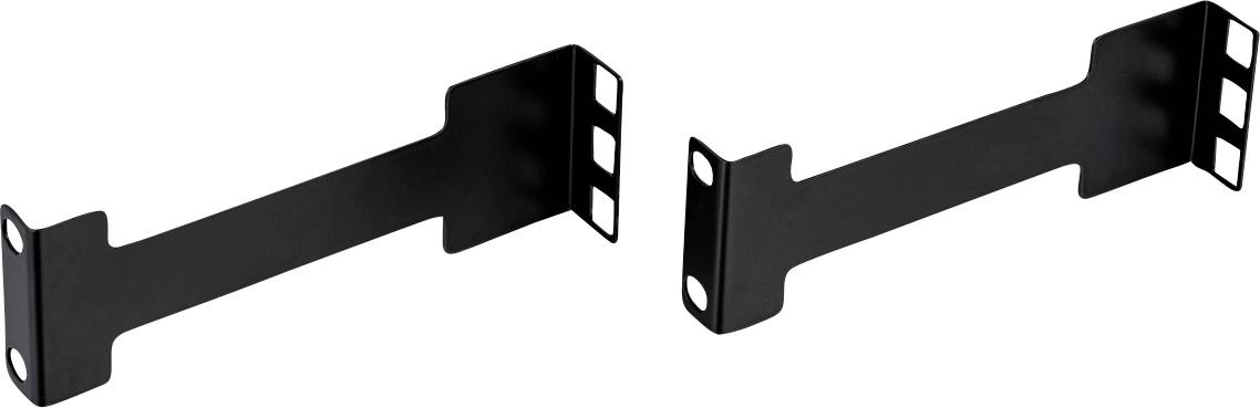 Zwei schwarze Metallmontagehalterungen, jede mit drei rechteckigen Löchern an einem Ende und zwei kreisförmigen Löchern am anderen Ende, konzipiert zur Unterstützung.