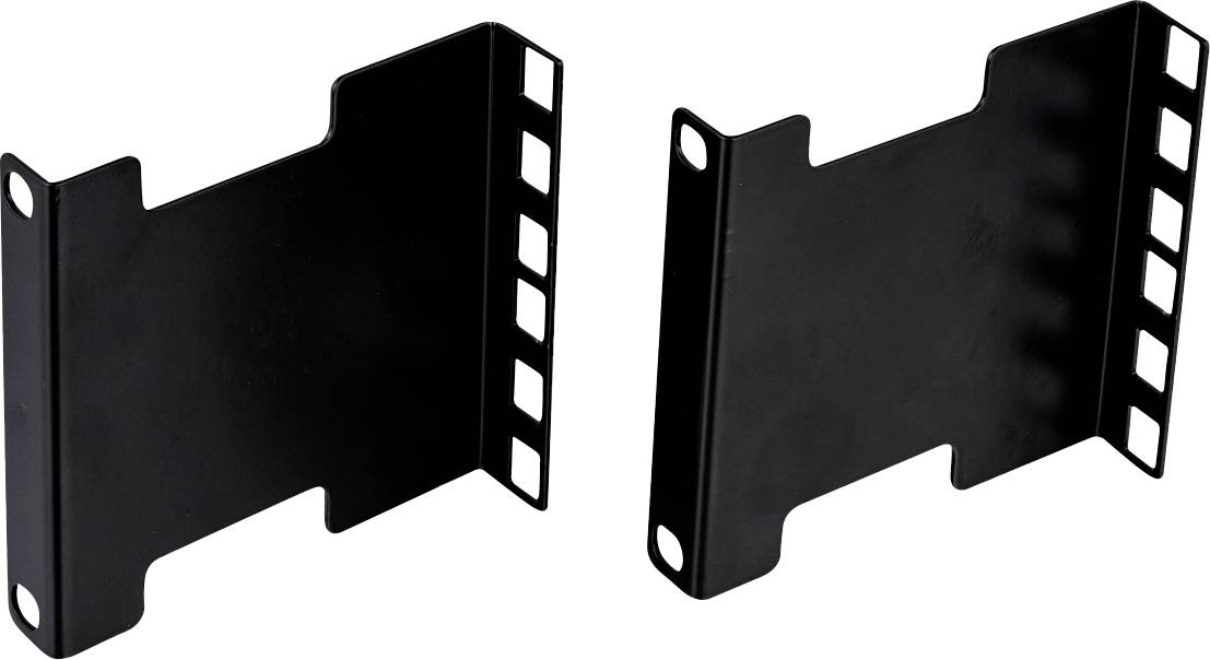 Ein Paar schwarze Metall-Befestigungswinkel, jeweils mit mehreren quadratischen Schlitzen und runden Löchern für Befestigungszwecke.