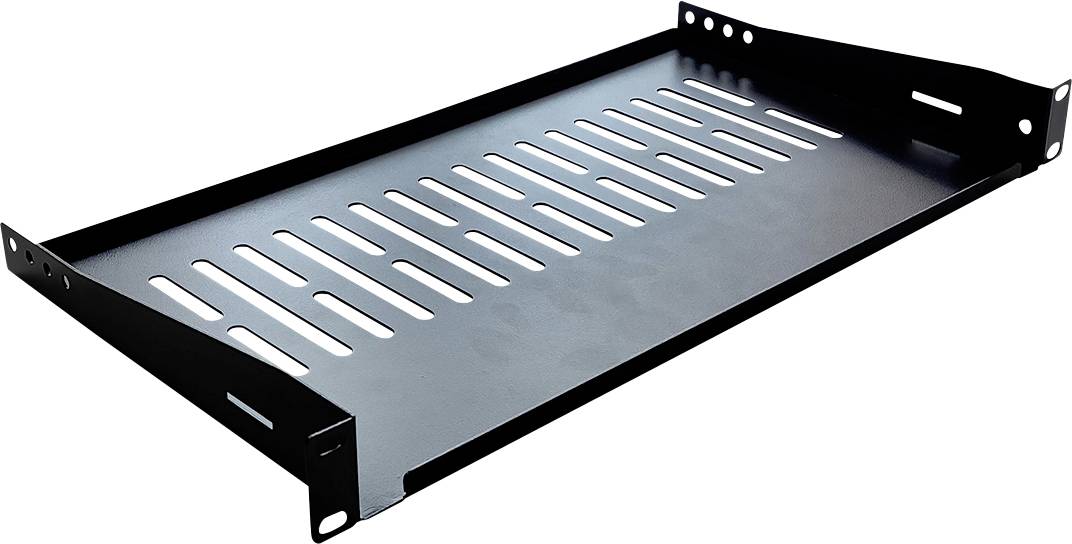 Ein schwarzes Metall-Serverschrank-Regal mit Schlitzdesign für Luftzirkulation, verwendet zum Organisieren und Lagern von Ausrüstung in einem Netzwerkschrank-Setup.