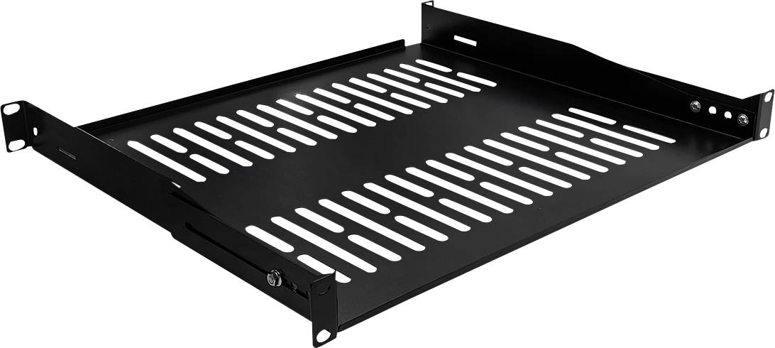 Ein schwarzes belüftetes Rack-Einbauregal mit Schlitzdesign für Luftzirkulation, geeignet für die Installation von Netzwerkausrüstung in Server-Racks.
