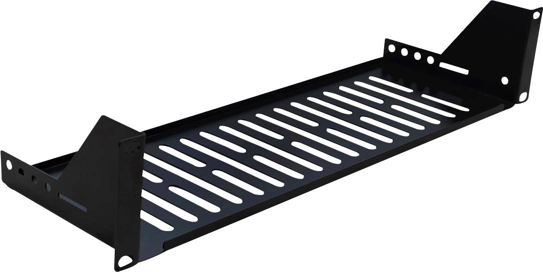 Ein schwarzes, geschlitztes Rackboard mit Seitenbefestigungen, das zum Halten von Geräten in Server- oder Elektronikschränken verwendet wird.