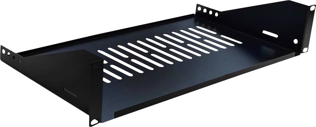 Schwarzes Metall-Rackmontagregal mit belüftetem Boden, entwickelt zur Unterstützung von Geräten in einem Serverrack oder Datenschrank.