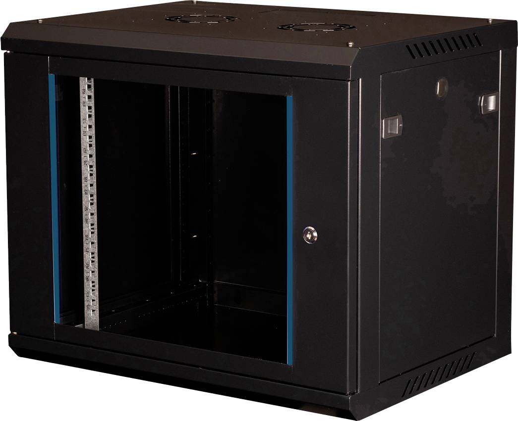 Ein schwarzes Metallservergehäuse mit transparentem Frontpanel und Belüftungsschlitzen an den Seiten, konzipiert zur Unterbringung von Netzwerkgeräten.