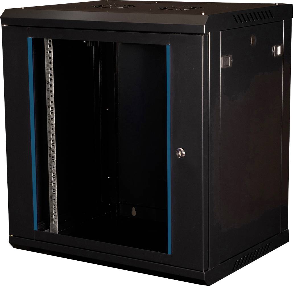 Ein schwarzer Server-Rack-Schrank mit Glastür, geeignet für die Unterbringung von Netzwerkausrüstung. Er wird leer dargestellt ohne installierte Hardware.
