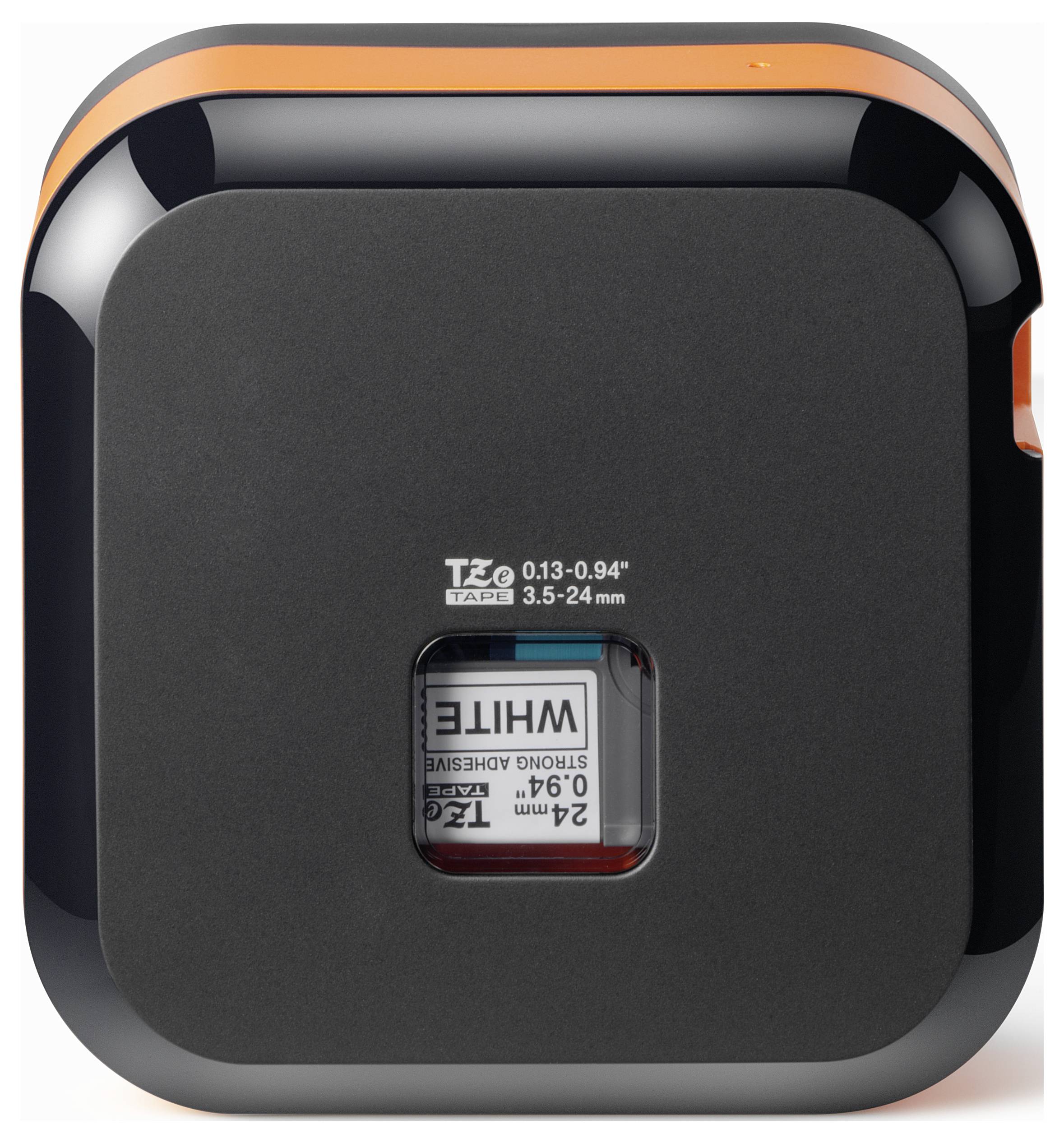 „Schwarzer Beschriftungsdrucker mit Sichtfenster, das eine weiße Farbbandzakassette im Inneren zeigt. Orange Akzente an den Kanten.