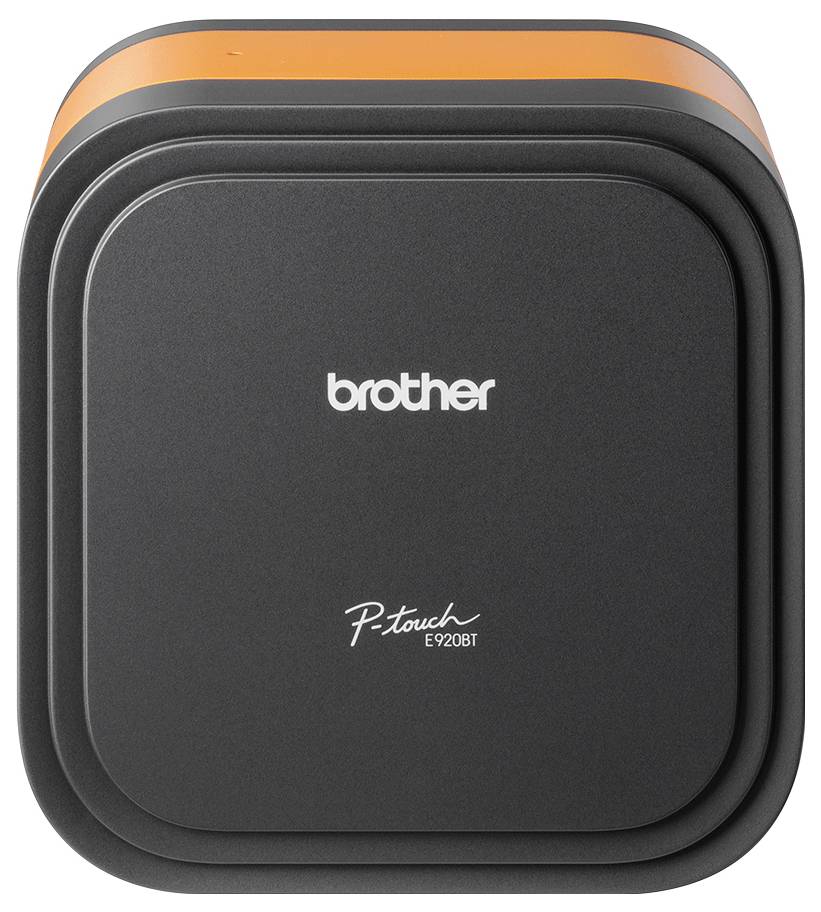 A black 'Brother P-touch E920BT' label printer with an orange accent on the top edge, viewed from above.