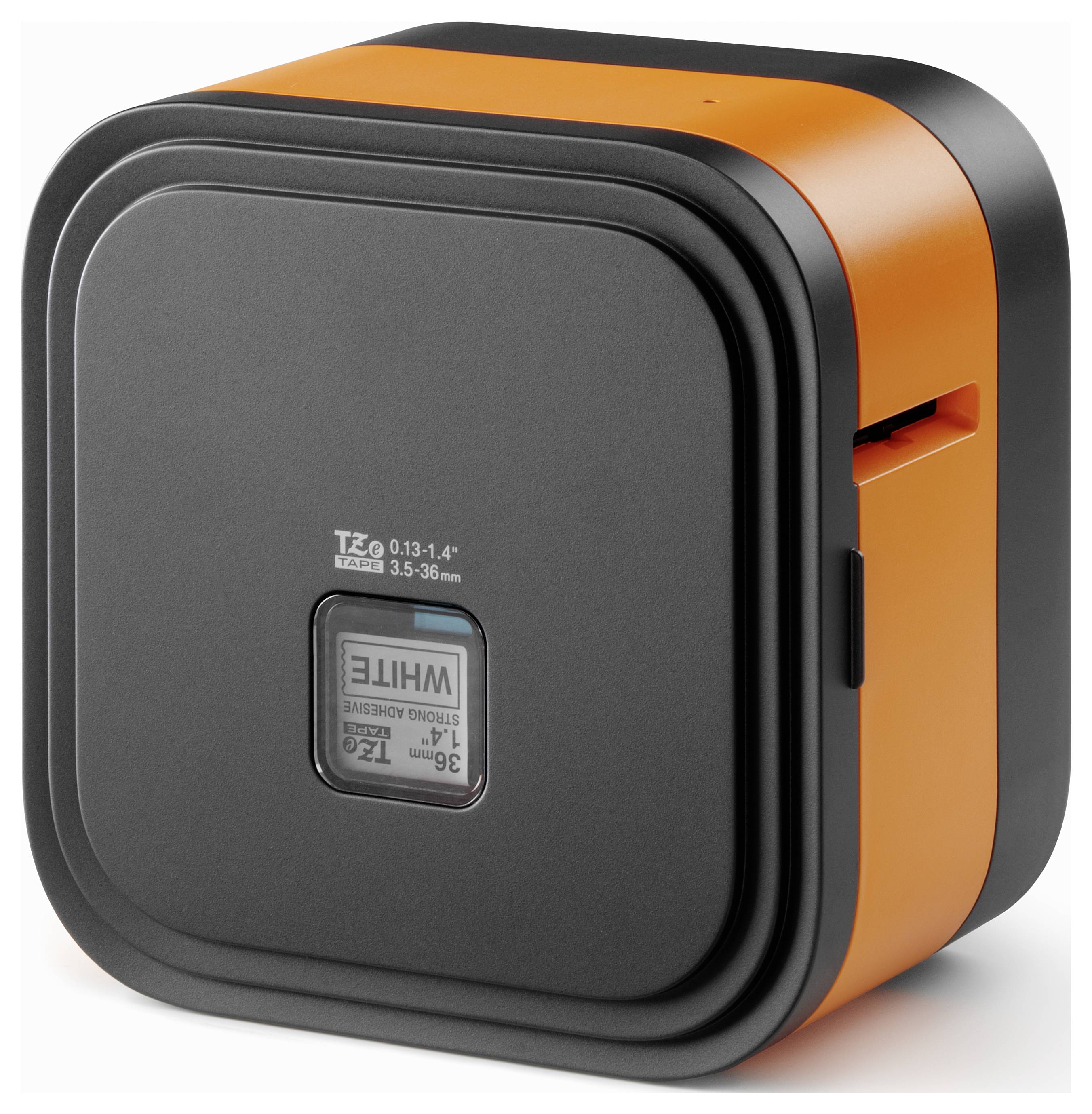 Ein kompakter, quadratischer Etikettendrucker in Schwarz und Orange mit einer seitlichen Öffnung, geeignet für verschiedene Druckanforderungen.