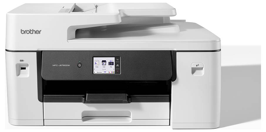 Ein weißer Drucker mit beschrifteten Abmessungen: 305 mm Höhe, 576 mm Breite, 477 mm Tiefe. Gewicht: 20,20 kg.