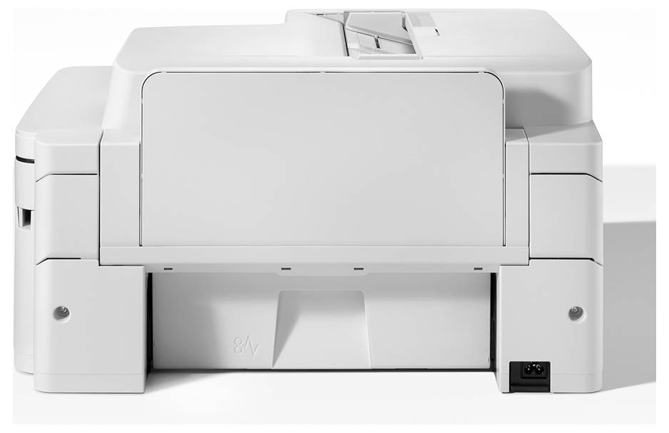 Ein weißer Bürodrucker von hinten betrachtet, mit sichtbarem Papierfach und Stromverbindung.