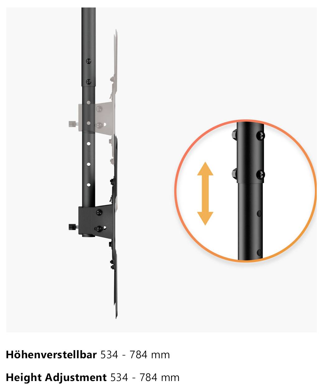 'Höhenverstellung 534 - 784 mm': Das Bild zeigt einen vertikalen Pfosten mit Höhenverstellungsfähigkeit, hervorgehoben durch einen orangefarbenen Pfeil, der den verstellbaren Bereich detailliert darstellt.