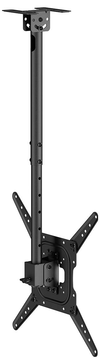 Deckenmontierbarer verstellbarer schwarzer TV-Halter, geeignet für verschiedene Bildschirmgrößen, mit langem Pfosten und mehreren Schrauben für sichere Befestigung.