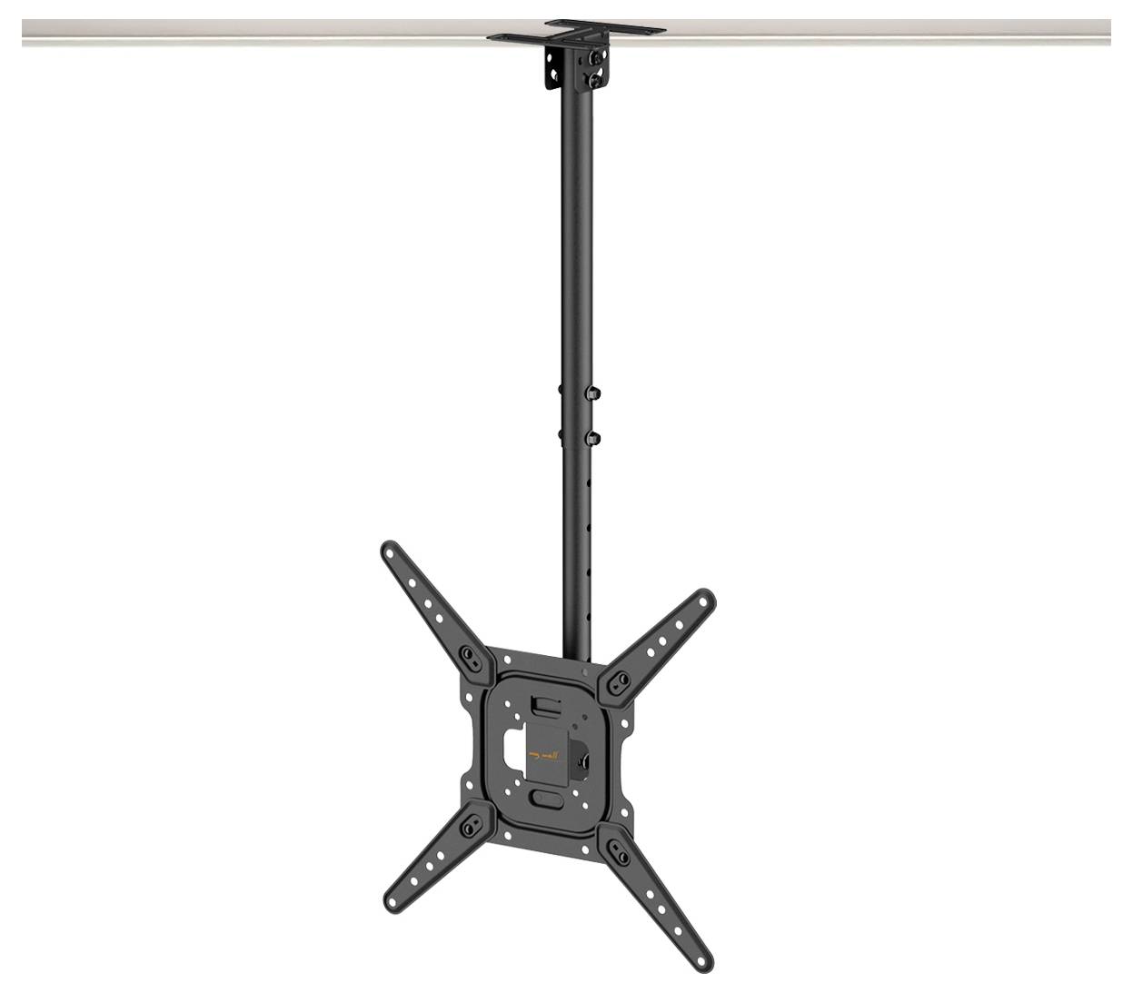 Eine schwarze Deckenmontageklammer für Fernseher mit ausziehbarem Arm und verstellbarem Neigungswinkel, geeignet für verschiedene Fernsehergrößen, dargestellt in einer aufgehängten Position.