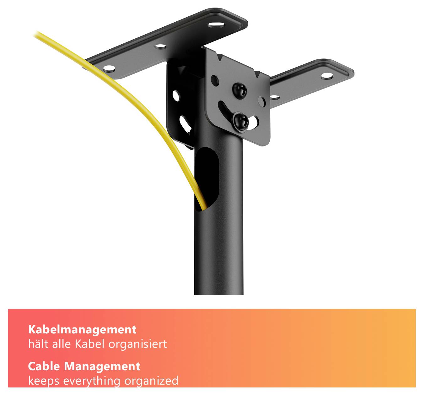 Ein Metallhalter mit Kabelorganisationssystem hält Kabel übersichtlich zusammen.