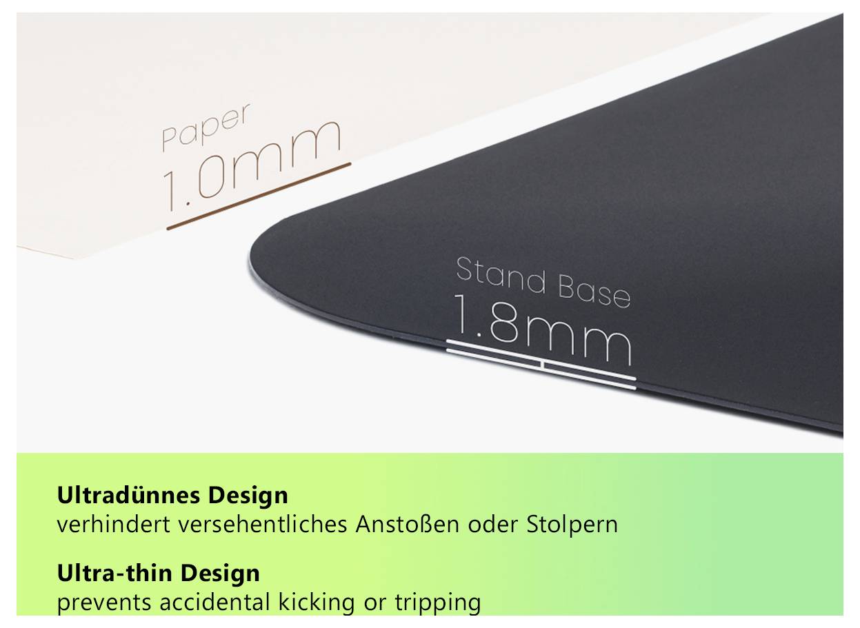 Ein Foto, das einen Vergleich der Dicke zwischen Papier bei 1,0 mm und einer Standbasis bei 1,8 mm zeigt. Der Text hebt ein ultraflaches Design hervor, das versehentliches Treten oder Stolpern verhindert.