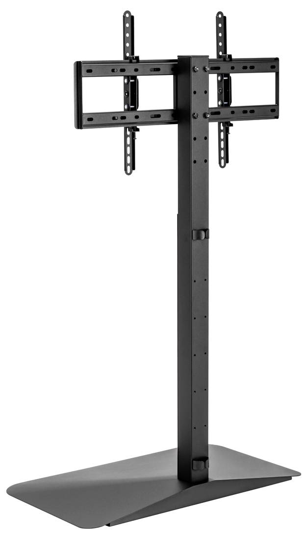 Freistehende schwarze TV-Halterung mit flacher Basis und verstellbarer Höhe, entworfen zum Halten von mittleren bis großen Flachbildfernsehern.