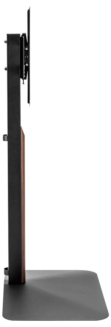 Seitenansicht eines schlanken, modernen Fernsehständers mit schwarzem Rahmen und Holzakzent, entworfen für einen Flachbildfernseher.