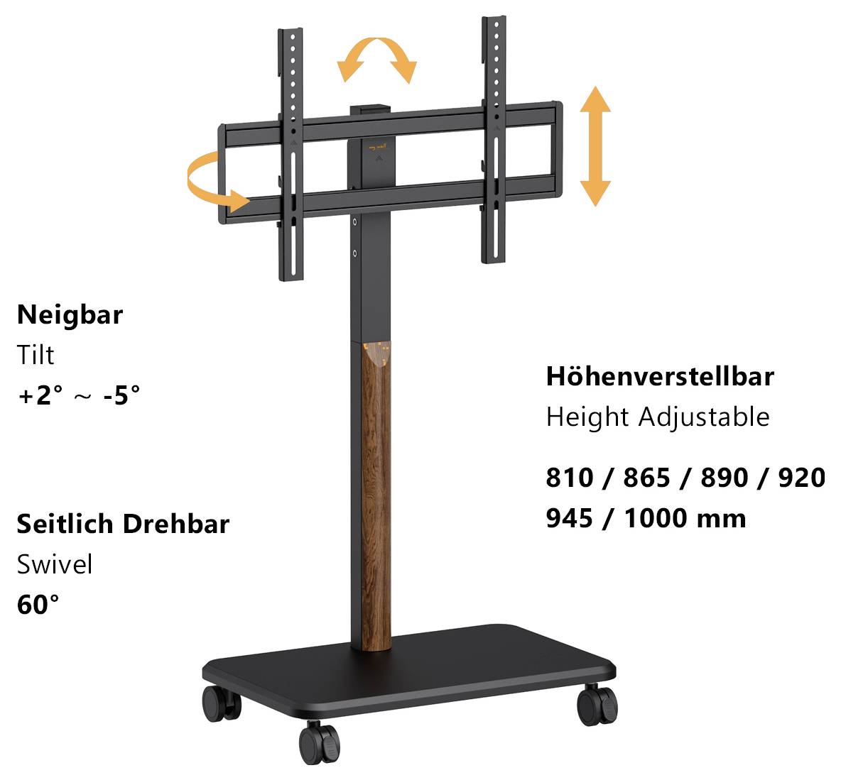 TV-Ständer mit Rollen mit Neigungsfunktion (-5° bis +2°), 60° Schwenk und verstellbarer Höhe (810 bis 1000 mm).