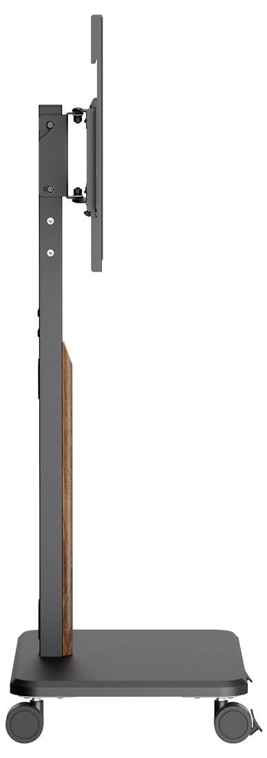 Ein mobiler Fernsehständer mit einer Flachbildschirm-Halterung, vier Rollen und einer schwarzen Holzoberfläche, von der Seite auf weißem Hintergrund gezeigt.