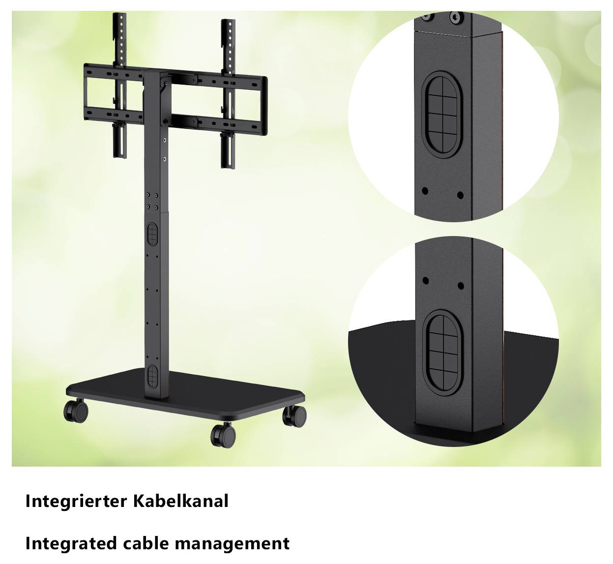 Ein TV-Ständer auf Rollen mit integrierter Kabelführung in Nahaufnahme. Der Text lautet „Integrierter Kabelkanal