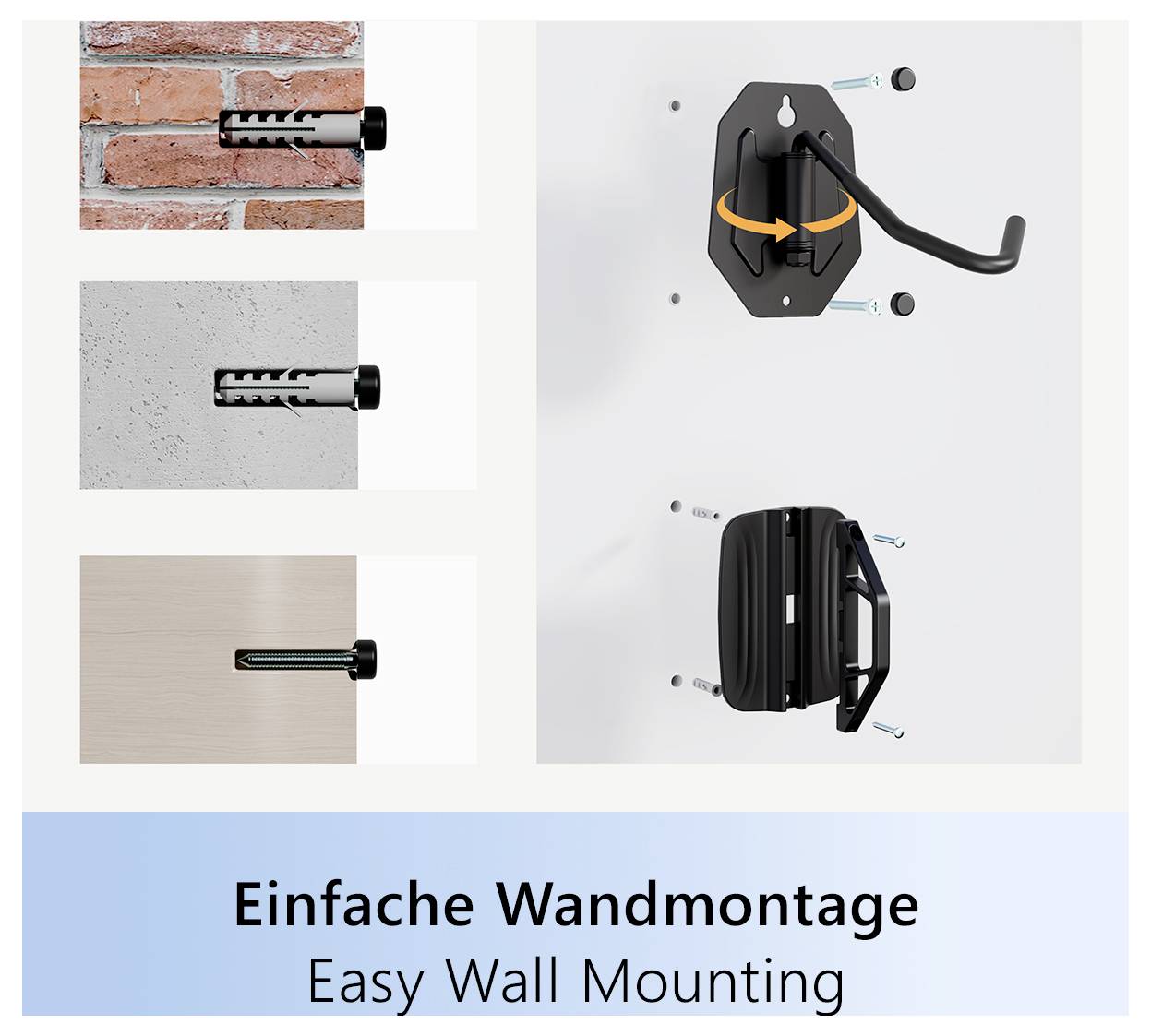'Einfache Wandmontage': Bild zeigt Schritt-für-Schritt-Wandmontageanleitung auf Ziegel-, Beton- und Holzoberflächen mit einer Kupplungsanleitung.