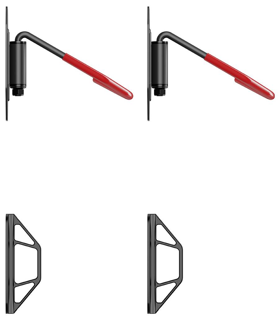 Installationhalterungen: Die Draufsicht zeigt abgewinkelte Stangen mit roten Griffen; die Unteransicht zeigt dreieckige Halterungen in zwei verschiedenen Positionen.