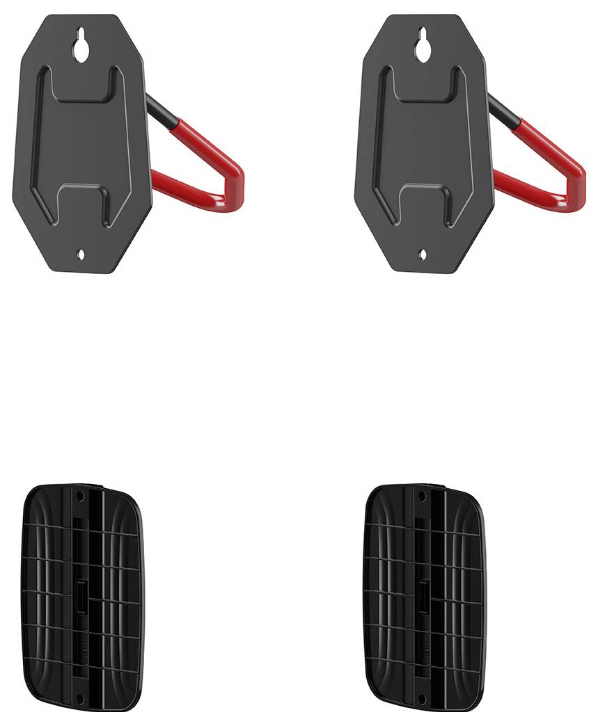 „Zwei schwarze wandmontierte Fahrradständer, jeweils mit einem roten Haken zum Aufhängen von Fahrrädern. Darunter befinden sich zwei schwarze, lüftungsähnliche Abdeckungen.