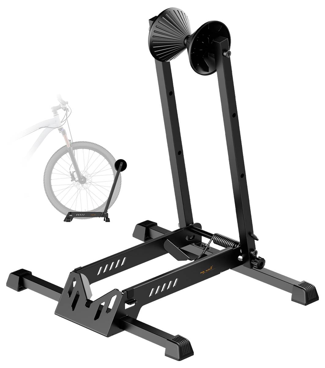 Fahrradreparaturständer mit verstellbarer Höhe und Klemmvorrichtungen, hier gezeigt beim Halten eines Fahrradrads. Robustes Stahlgestell für Stabilität während der Wartung.