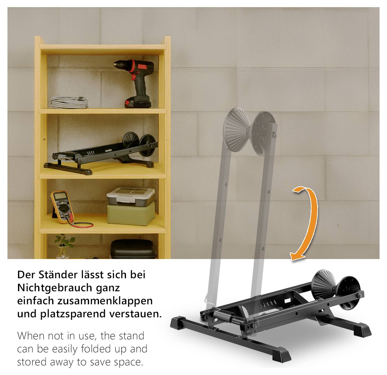 Ein Klapptisch mit einer Bohrmaschine und kleinen Kästchen auf einem Regal; eine Illustration zeigt, wie der Tisch zusammengeklappt und platzsparend gelagert werden kann.