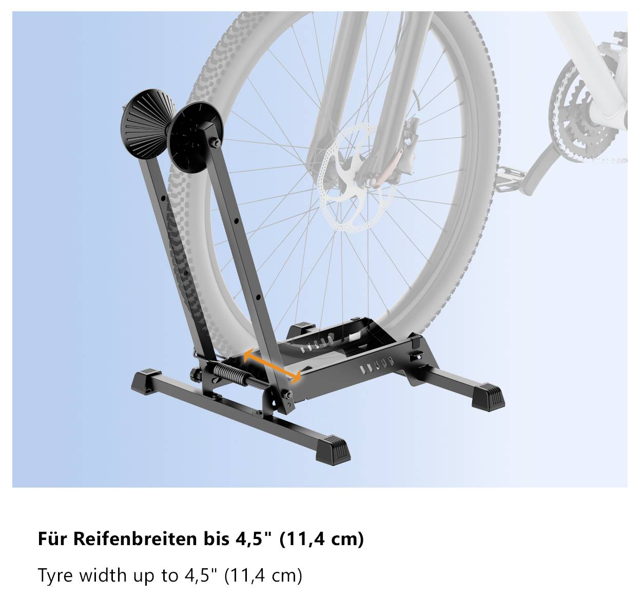 Ein Fahrradreifen, der auf einem Ständer montiert ist, der für Reifenbreiten bis zu 4,5 Zoll (11,4 cm) ausgelegt ist, mit einem Pfeil, der eine Einstellung anzeigt.